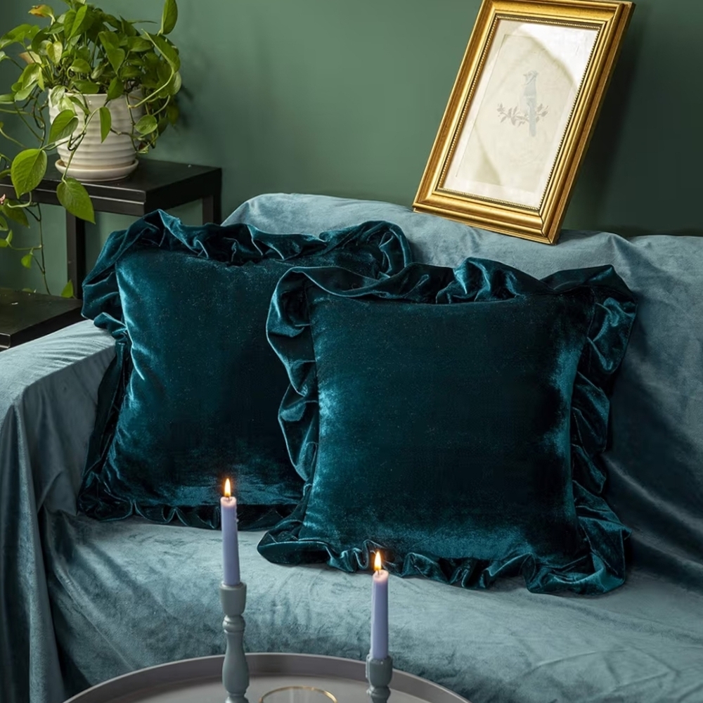 NWT 2pc Luxury Velvet Square Pillow Covers Ruffle Trim In Malachite Teal 18"
